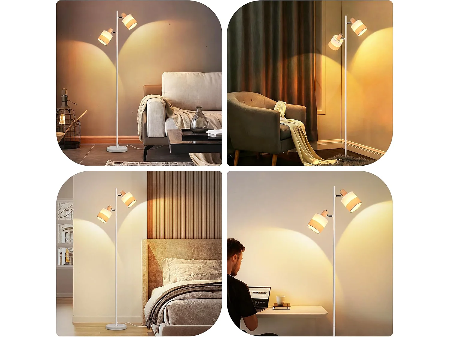 Nettlife Lampadaire Vintage Bois 2 Ampoules E14 - Rétro, Abat-jour Tissu, Rotatif, Interrupteur à Pied pour Salon Chambre (Sans Ampoules)