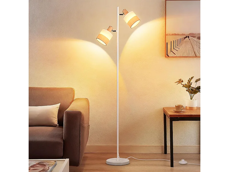 Lampa podłogowa Nettlife Vintage z drewna z 2 żarówkami E14 – styl retro, klosz z materiału, obrotowy, z przełącznikiem nożnym (żarówki nie są dołączone)