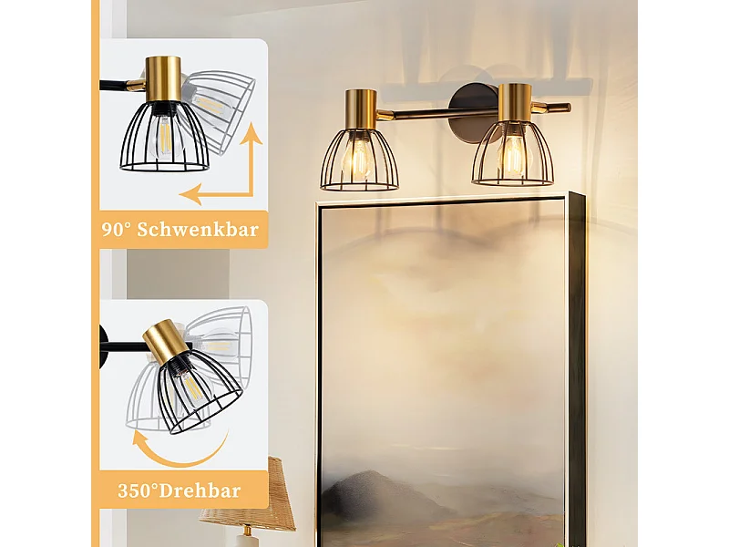 Nettlife Binnenwandlamp, Vintage Wandlamp, E14 Fitting, Zwart, 350° Draaibaar, Metaal met 2 Lampen (Lampen Niet Inbegrepen)