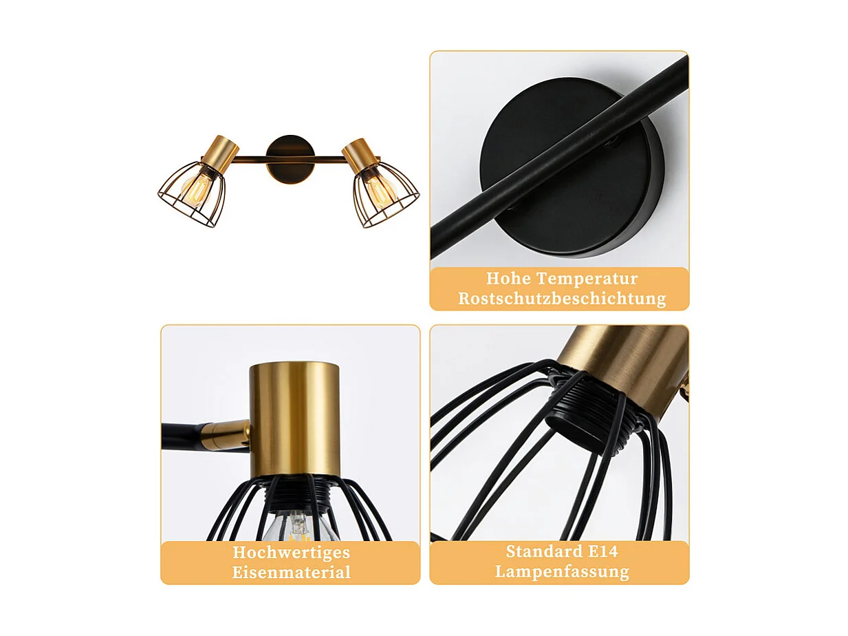 Nettlife Binnenwandlamp, Vintage Wandlamp, E14 Fitting, Zwart, 350° Draaibaar, Metaal met 2 Lampen (Lampen Niet Inbegrepen)