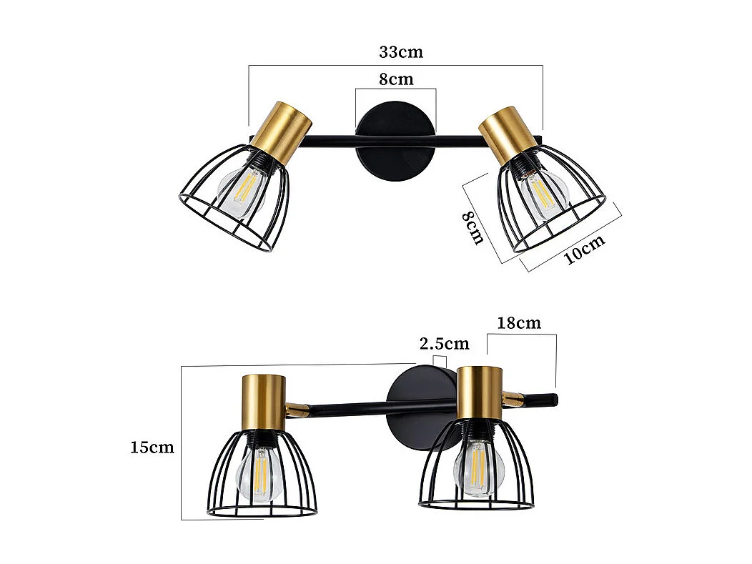 Nettlife Binnenwandlamp, Vintage Wandlamp, E14 Fitting, Zwart, 350° Draaibaar, Metaal met 2 Lampen (Lampen Niet Inbegrepen)