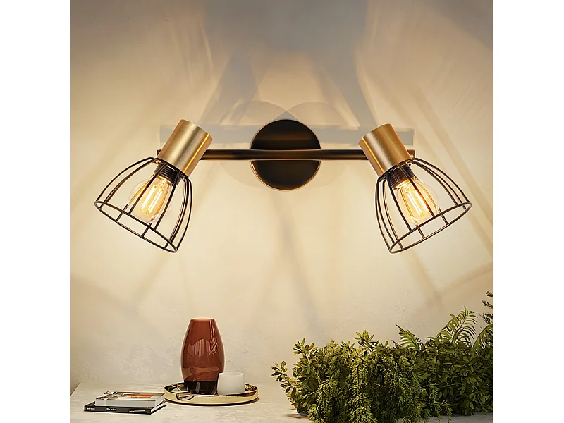 Nettlife Binnenwandlamp, Vintage Wandlamp, E14 Fitting, Zwart, 350° Draaibaar, Metaal met 2 Lampen (Lampen Niet Inbegrepen)