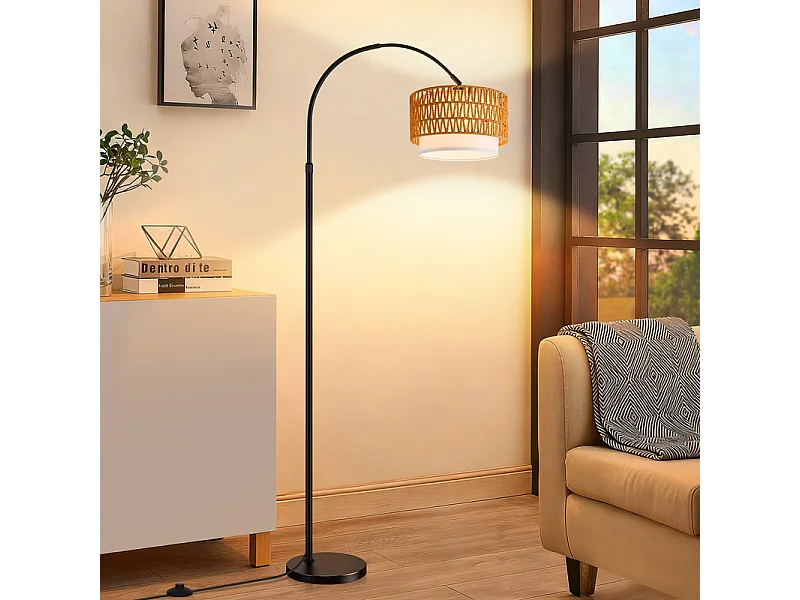 Lampa podłogowa Nettlife w stylu boho z rattanu w kształcie łuku – vintage, ściemnialna z pilotem, żarówka LED E27 9 W, wysokość 165–180 cm, obrotowa, czarna