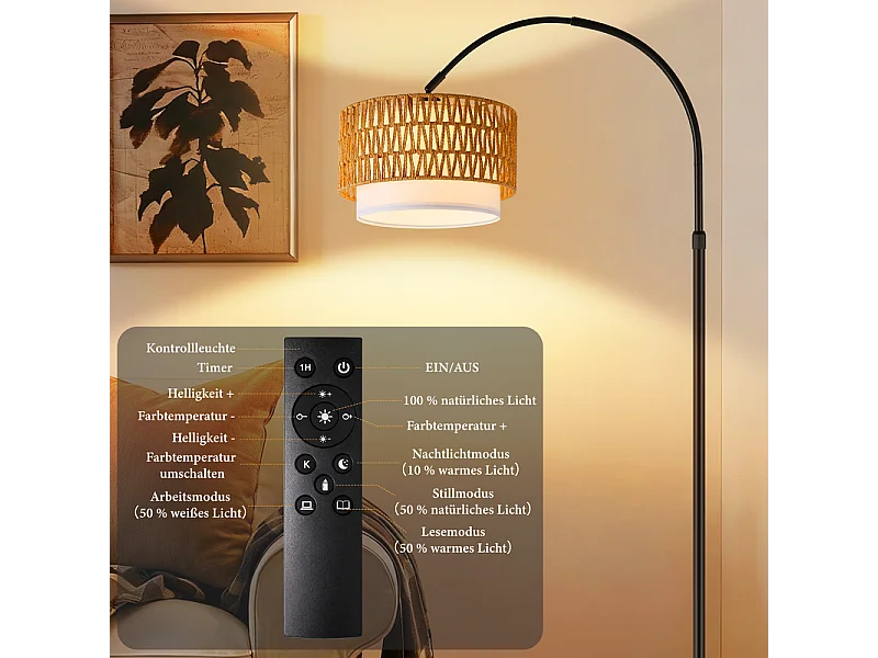 Lampa podłogowa Nettlife w stylu boho z rattanu w kształcie łuku – vintage, ściemnialna z pilotem, żarówka LED E27 9 W, wysokość 165–180 cm, obrotowa, czarna