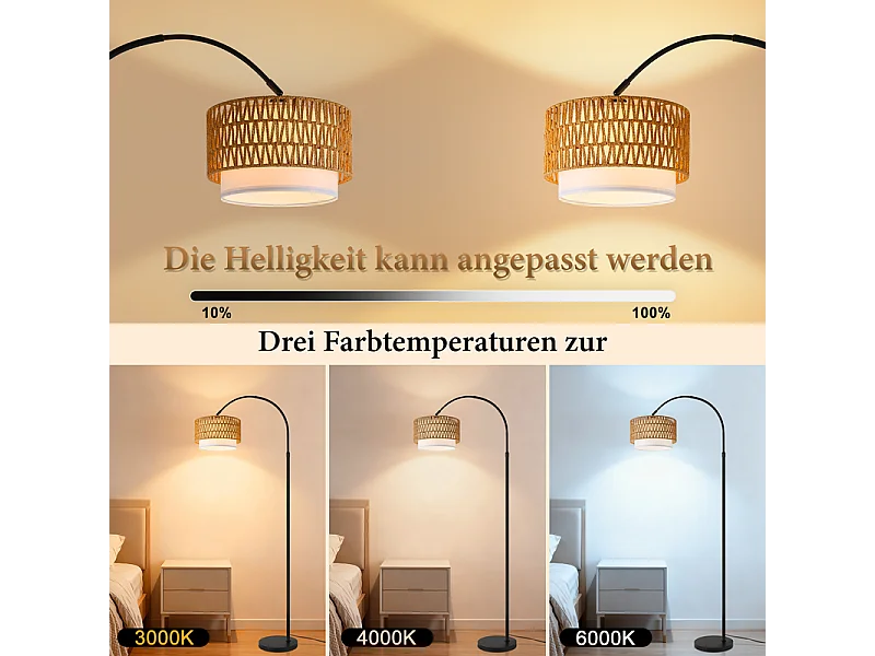 Lampa podłogowa Nettlife w stylu boho z rattanu w kształcie łuku – vintage, ściemnialna z pilotem, żarówka LED E27 9 W, wysokość 165–180 cm, obrotowa, czarna