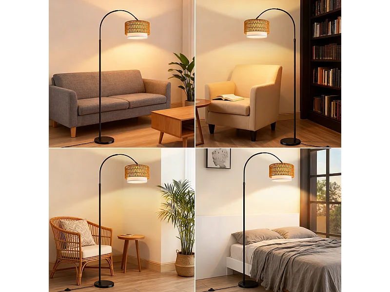 Lampa podłogowa Nettlife w stylu boho z rattanu w kształcie łuku – vintage, ściemnialna z pilotem, żarówka LED E27 9 W, wysokość 165–180 cm, obrotowa, czarna