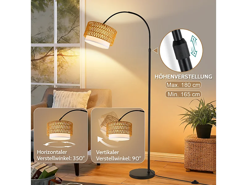 Nettlife Lampadaire Arqué en Rotin Style Bohème – Vintage Dimmable avec Télécommande, Ampoule LED E27 9 W, Hauteur 165–180 cm, Pivotant, Noir