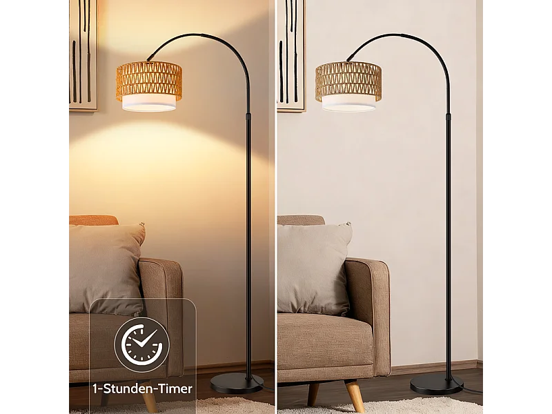 Nettlife Lampadaire Arqué en Rotin Style Bohème – Vintage Dimmable avec Télécommande, Ampoule LED E27 9 W, Hauteur 165–180 cm, Pivotant, Noir