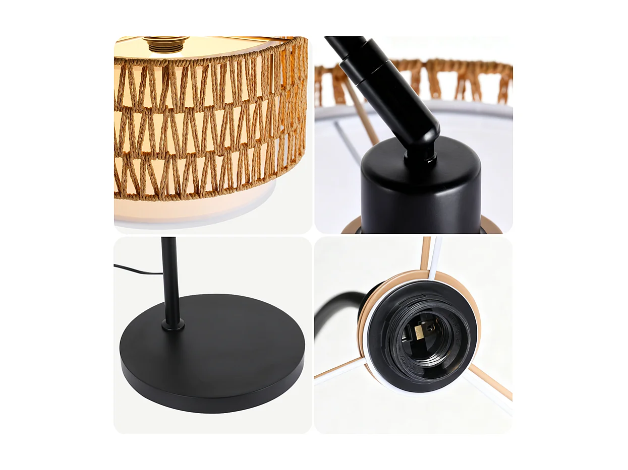 Nettlife Lampadaire Arqué en Rotin Style Bohème – Vintage Dimmable avec Télécommande, Ampoule LED E27 9 W, Hauteur 165–180 cm, Pivotant, Noir