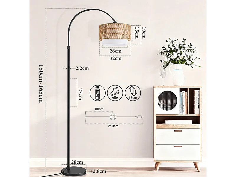 Nettlife Lampadaire Arqué en Rotin Style Bohème – Vintage Dimmable avec Télécommande, Ampoule LED E27 9 W, Hauteur 165–180 cm, Pivotant, Noir