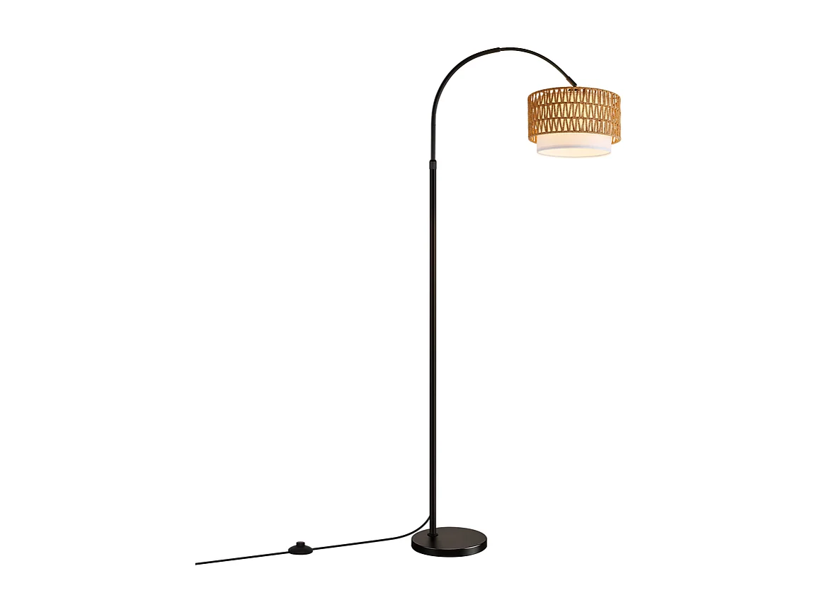 Nettlife Lampadaire Arqué en Rotin Style Bohème – Vintage Dimmable avec Télécommande, Ampoule LED E27 9 W, Hauteur 165–180 cm, Pivotant, Noir
