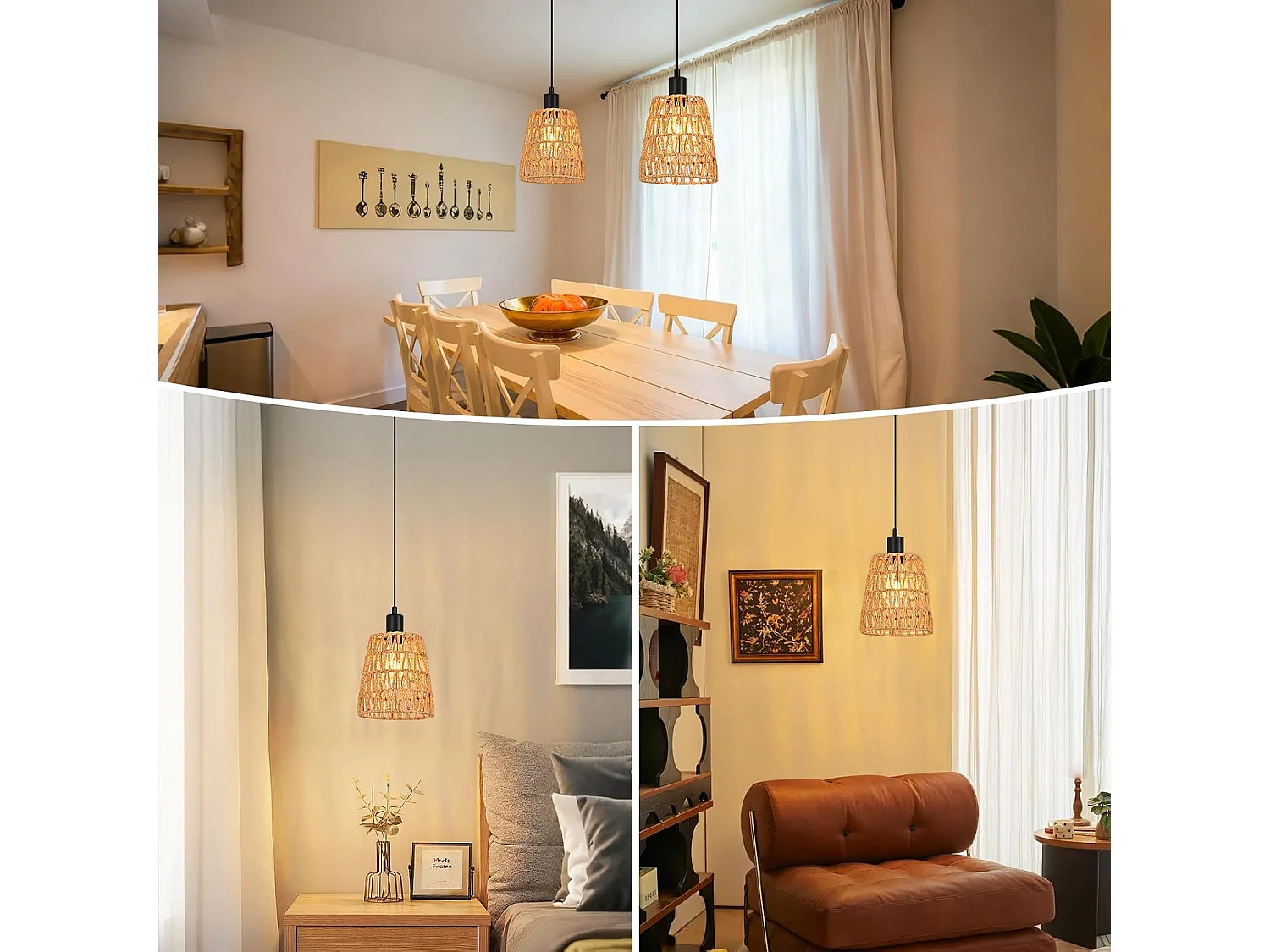 Lampa wisząca Nettlife Boho Rattan 1-punktowa – pleciona lampa do jadalni w stylu vintage, lina konopna E27 do jadalni (żarówka nie jest dołączona)