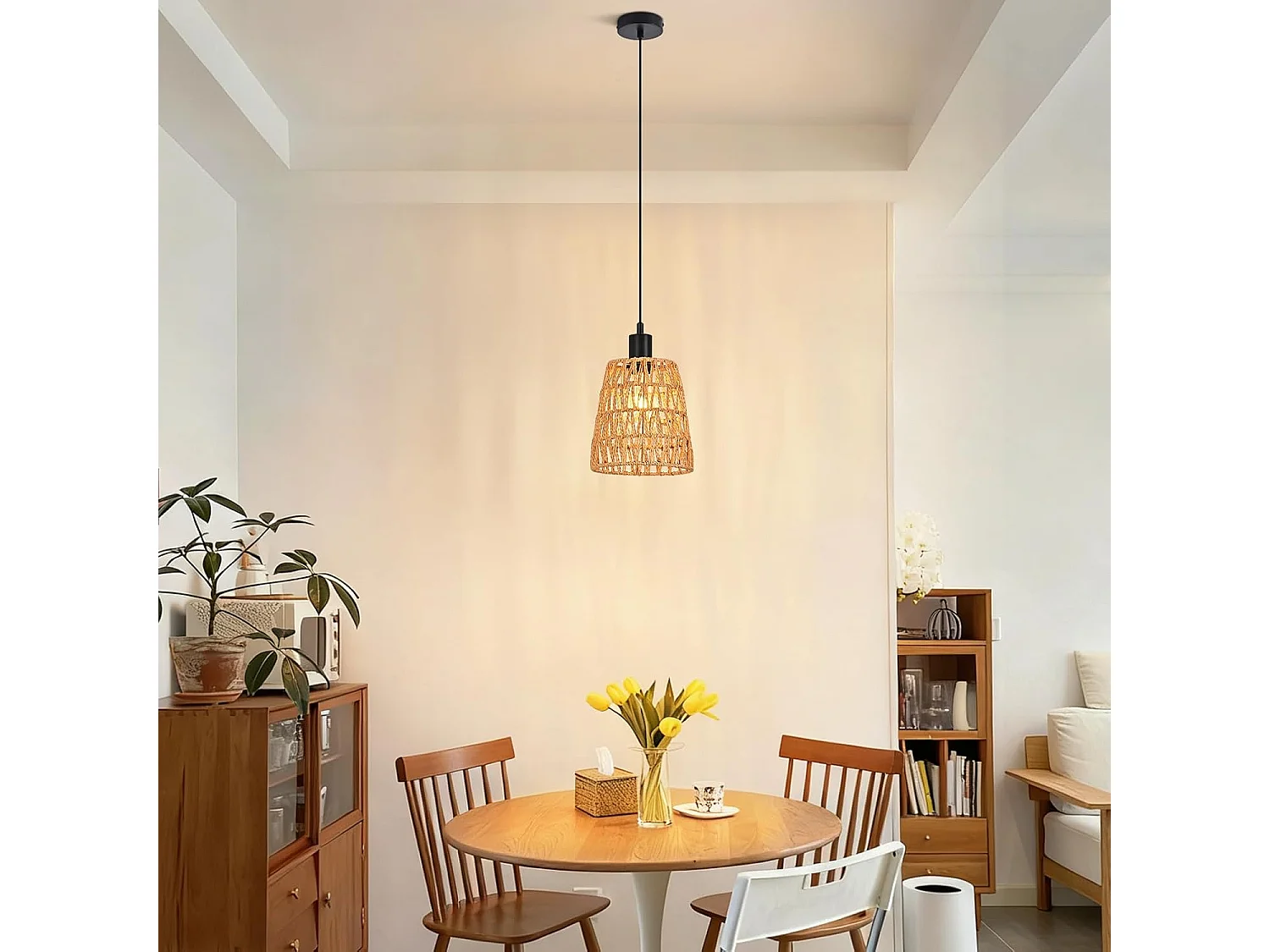 Nettlife Suspension Rotin Boho 1 Lumière - Lampe à Manger Vintage Tressée, Corde Chanvre E27 pour Salle à Manger (Sans Ampoule)