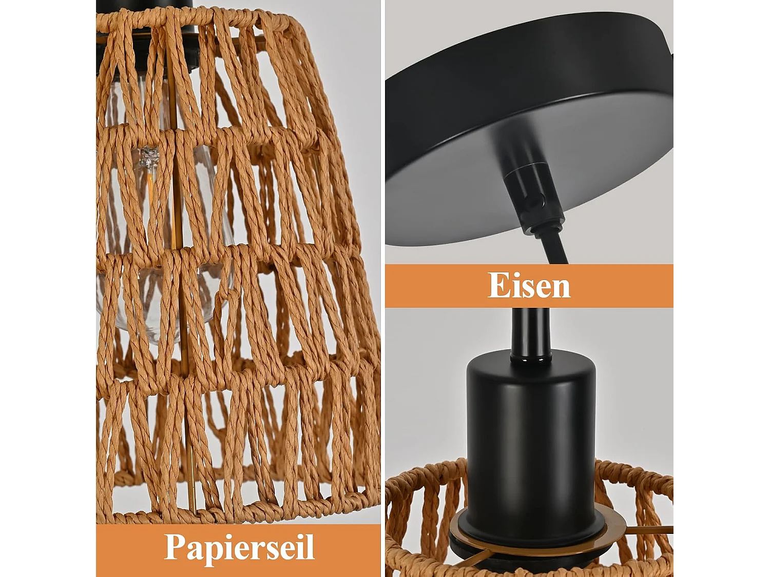 Nettlife Suspension Rotin Boho 1 Lumière - Lampe à Manger Vintage Tressée, Corde Chanvre E27 pour Salle à Manger (Sans Ampoule)