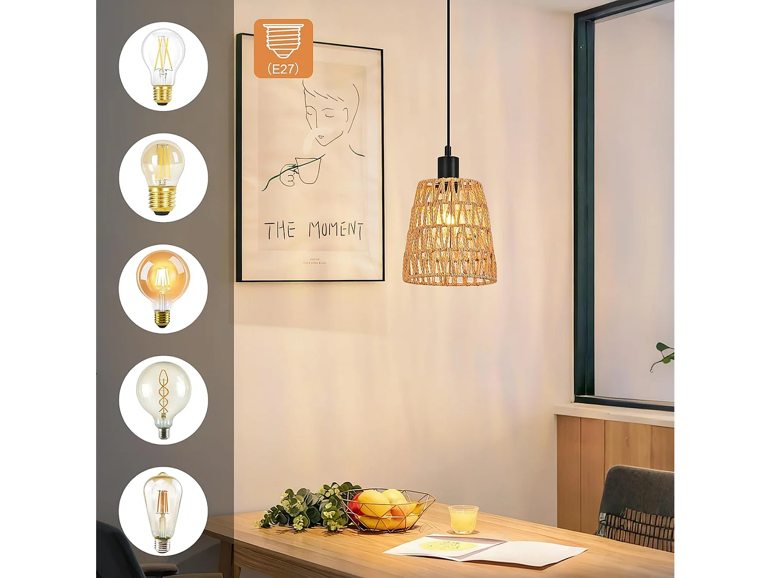 Nettlife Suspension Rotin Boho 1 Lumière - Lampe à Manger Vintage Tressée, Corde Chanvre E27 pour Salle à Manger (Sans Ampoule)
