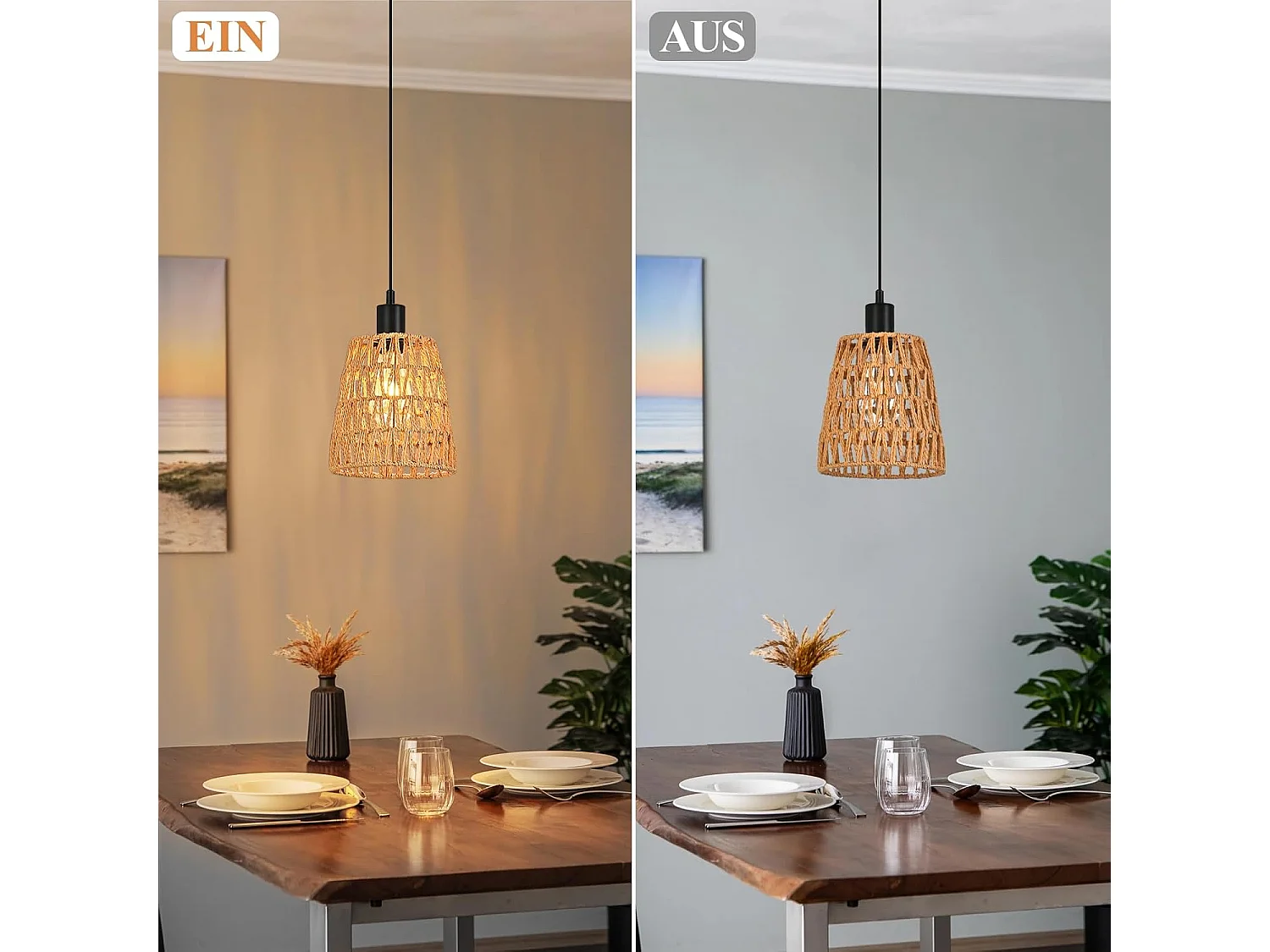 Nettlife Suspension Rotin Boho 1 Lumière - Lampe à Manger Vintage Tressée, Corde Chanvre E27 pour Salle à Manger (Sans Ampoule)