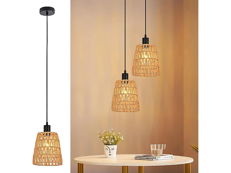 Lampa wisząca Nettlife Boho Rattan 1-punktowa – pleciona lampa do jadalni w stylu vintage, lina konopna E27 do jadalni (żarówka nie jest dołączona)