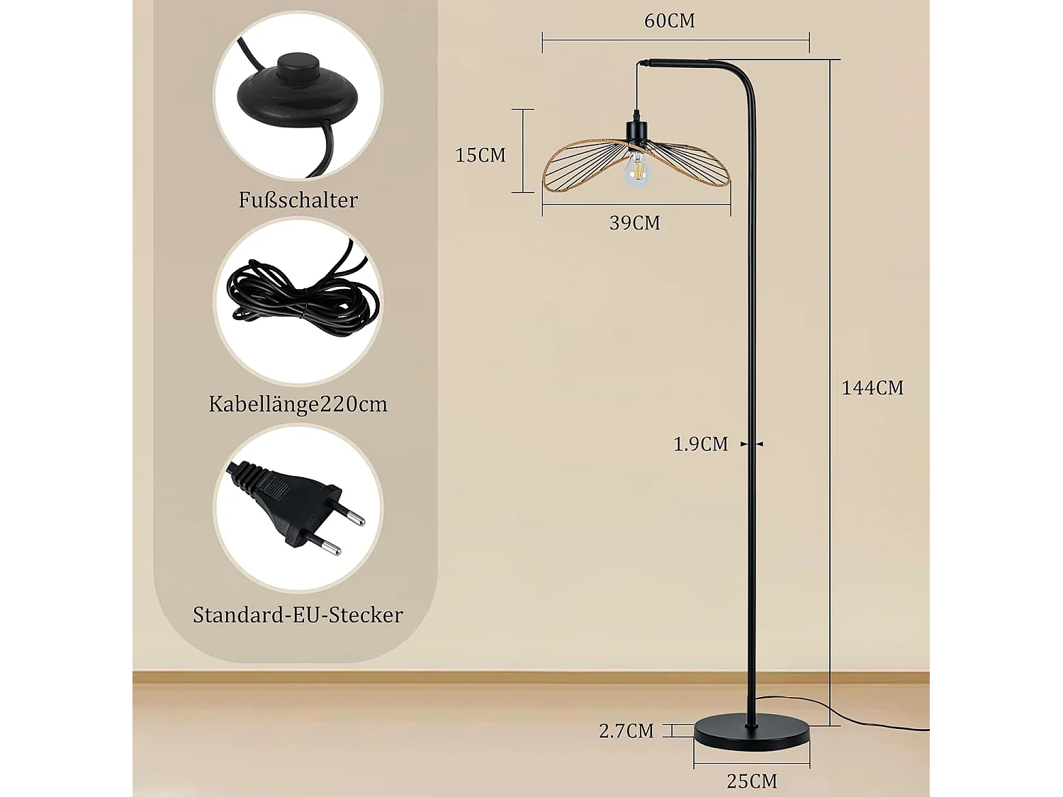 Nettlife Lampadaire Arc Vintage Noir - Lampe sur Pied Métal E27 Industriel Interrupteur à Pied, pour Salon Bureau (Sans Ampoule)
