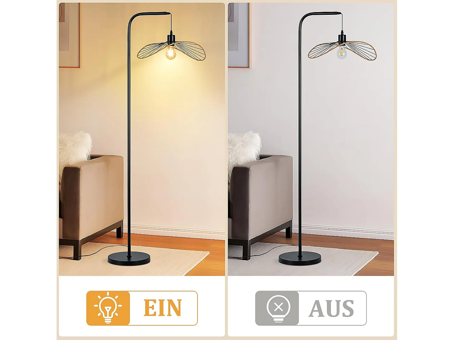 Nettlife Lampadaire Arc Vintage Noir - Lampe sur Pied Métal E27 Industriel Interrupteur à Pied, pour Salon Bureau (Sans Ampoule)