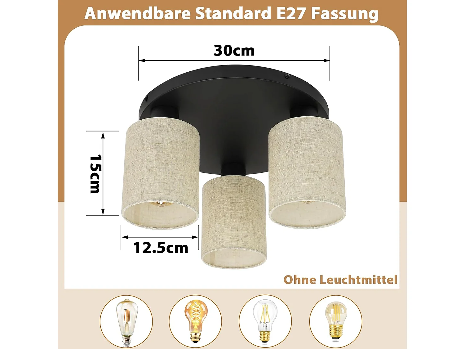 Nettlife Plafonnier Vintage 3 Lumières, Lampe de Plafond E27 avec Abat-jour en Tissu Noir, Luminaire Rond Style Rétro Industriel(Sans Ampoules)