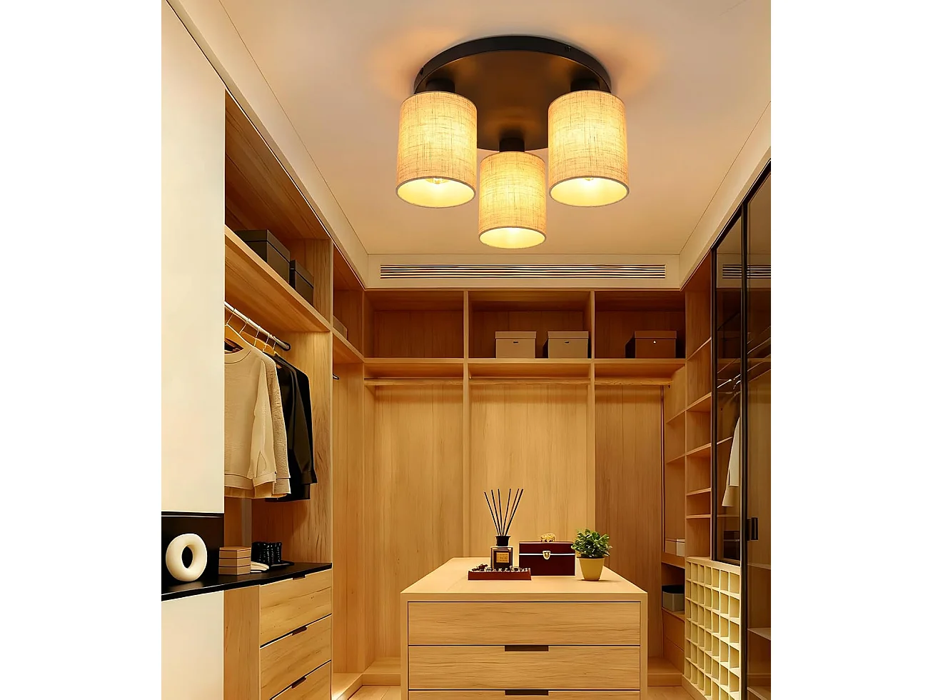 Nettlife Plafonnier Vintage 3 Lumières, Lampe de Plafond E27 avec Abat-jour en Tissu Noir, Luminaire Rond Style Rétro Industriel(Sans Ampoules)