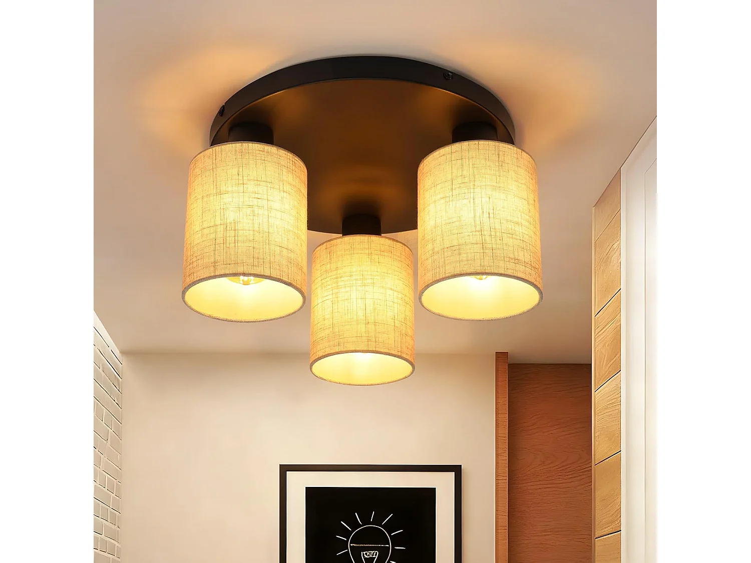 Lampada da soffitto vintage Nettlife a 3 luci, lampada da soffitto E27 con paralume in tessuto nero, lampadario rotondo in stile (lampadine non incluse)