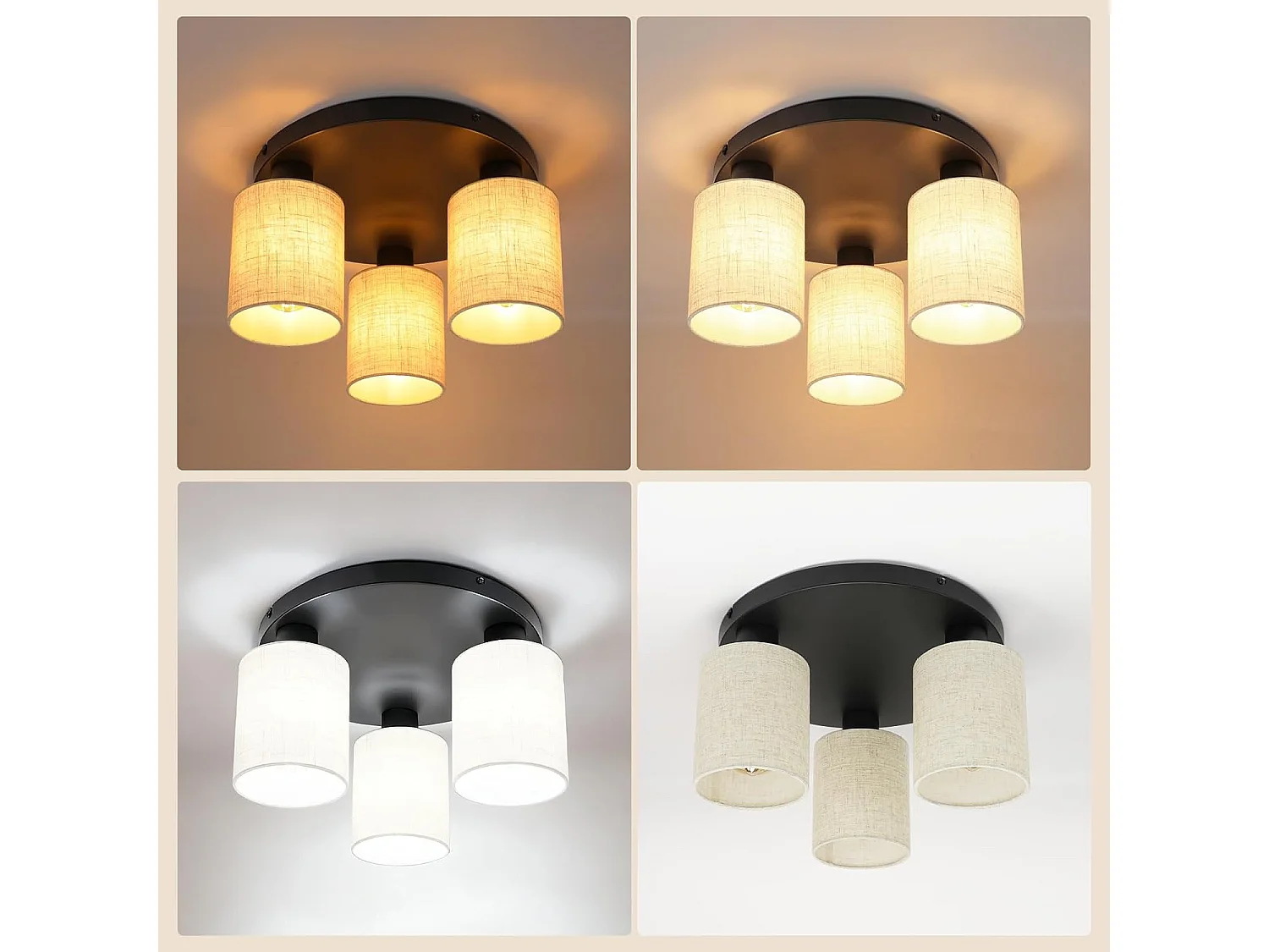 Lampada da soffitto vintage Nettlife a 3 luci, lampada da soffitto E27 con paralume in tessuto nero, lampadario rotondo in stile (lampadine non incluse)