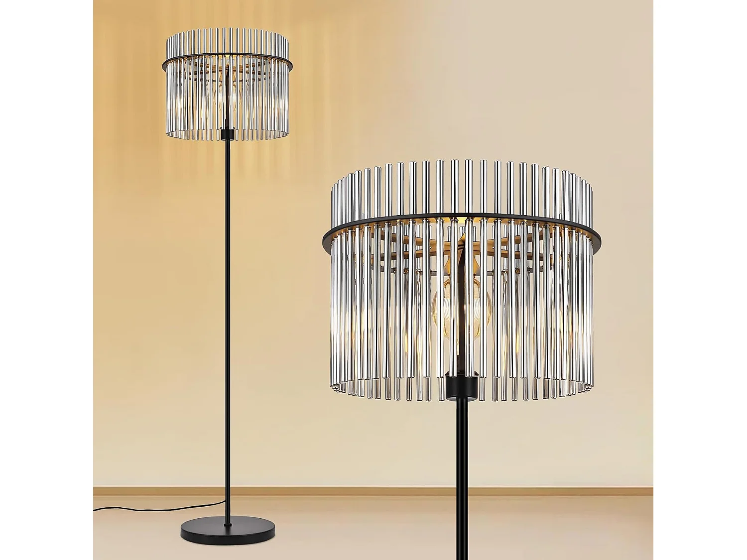 Czarna lampa podłogowa NETTLIFE z kloszem szklanym – lampa podłogowa E27 z włącznikiem nożnym, styl nowoczesny (żarówka nie jest dołączona)