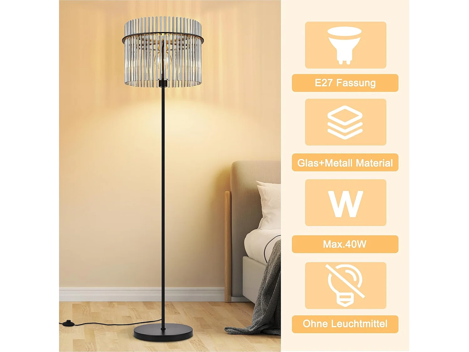 Czarna lampa podłogowa NETTLIFE z kloszem szklanym – lampa podłogowa E27 z włącznikiem nożnym, styl nowoczesny (żarówka nie jest dołączona)