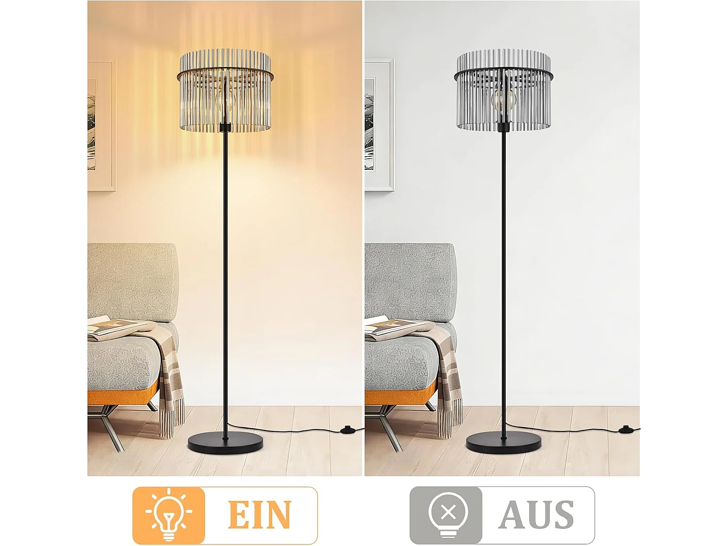 Czarna lampa podłogowa NETTLIFE z kloszem szklanym – lampa podłogowa E27 z włącznikiem nożnym, styl nowoczesny (żarówka nie jest dołączona)