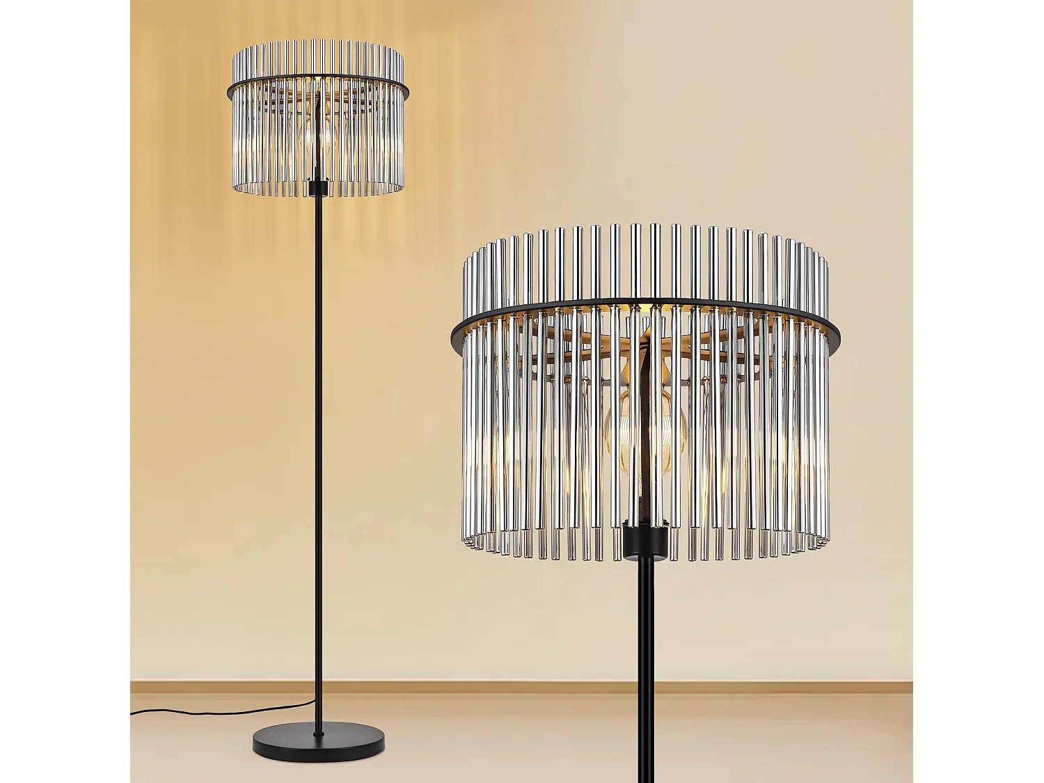 NETTLIFE lampadaire noir avec abat-jour en verre – lampe sur pied E27 avec interrupteur au pied, style moderne (ampoule non incluse)