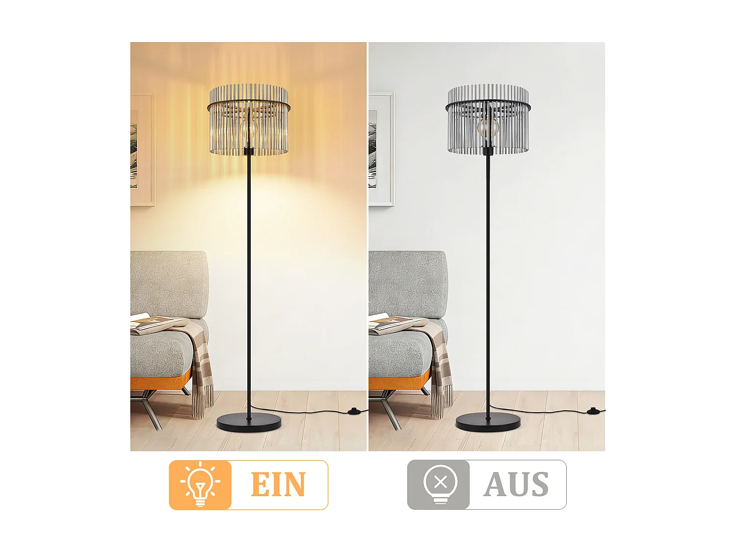 NETTLIFE lampadaire noir avec abat-jour en verre – lampe sur pied E27 avec interrupteur au pied, style moderne (ampoule non incluse)