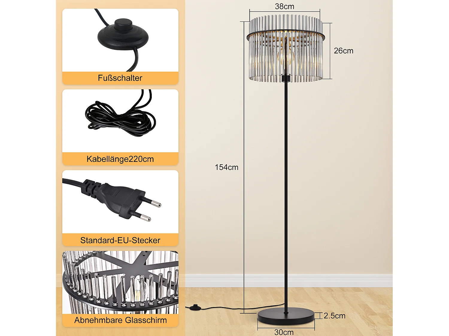 NETTLIFE lampadaire noir avec abat-jour en verre – lampe sur pied E27 avec interrupteur au pied, style moderne (ampoule non incluse)