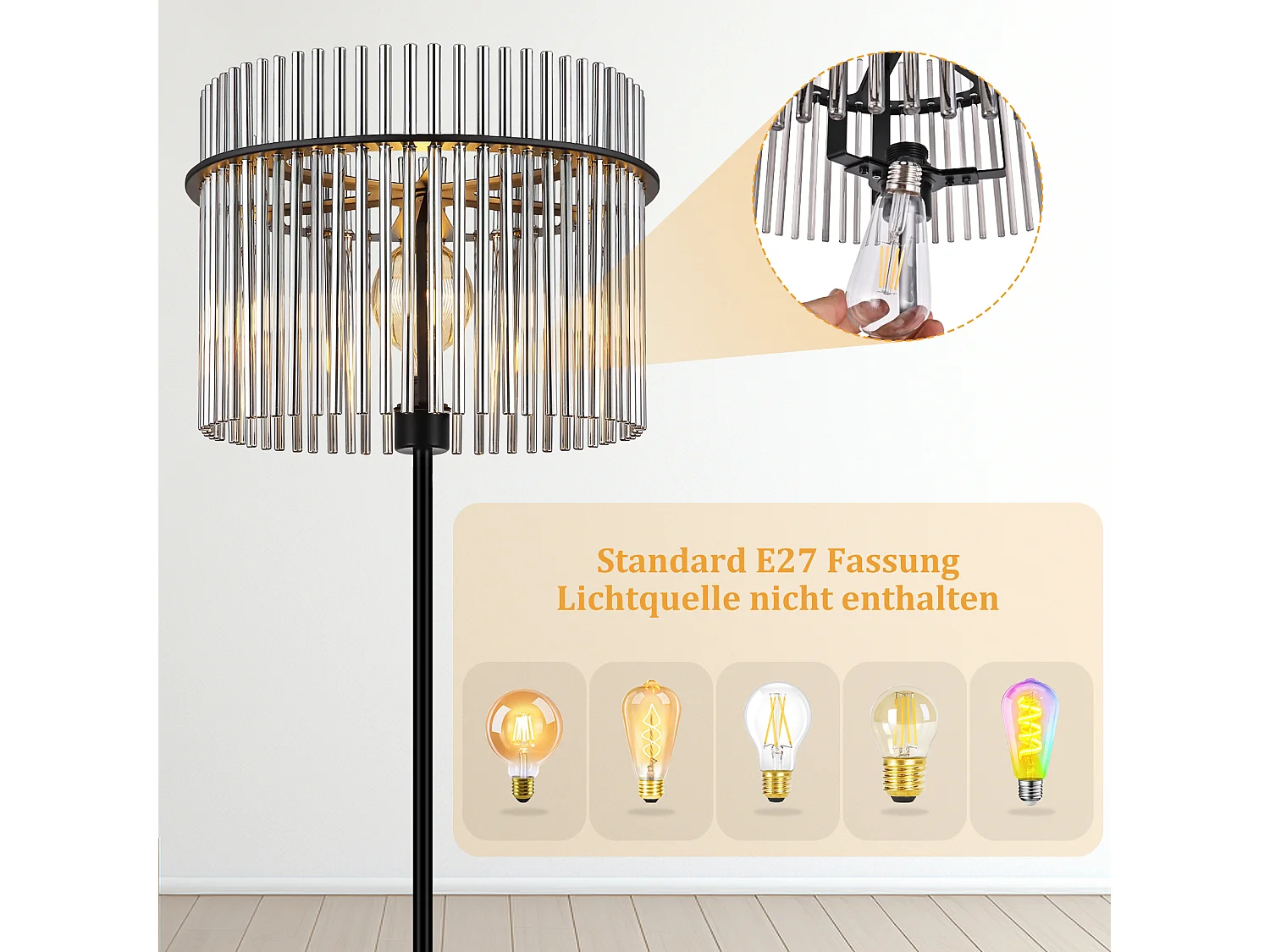 NETTLIFE lampadaire noir avec abat-jour en verre – lampe sur pied E27 avec interrupteur au pied, style moderne (ampoule non incluse)