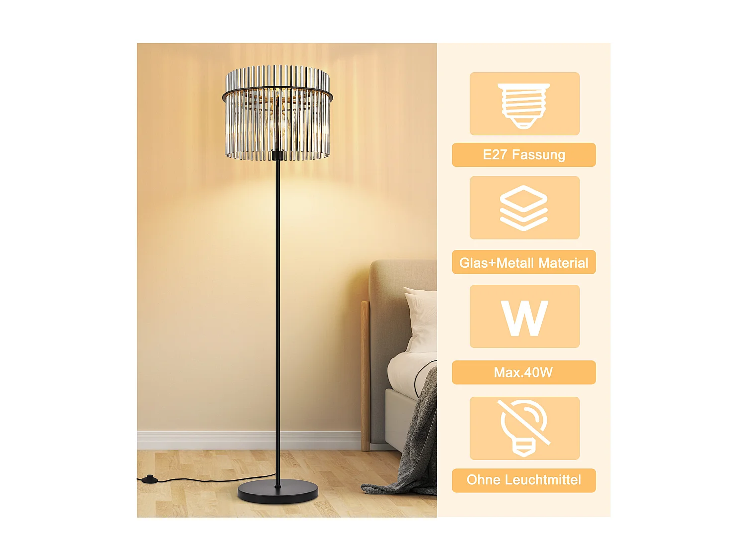 NETTLIFE lampadaire noir avec abat-jour en verre – lampe sur pied E27 avec interrupteur au pied, style moderne (ampoule non incluse)