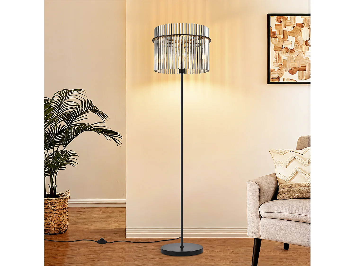 NETTLIFE lampadaire noir avec abat-jour en verre – lampe sur pied E27 avec interrupteur au pied, style moderne (ampoule non incluse)