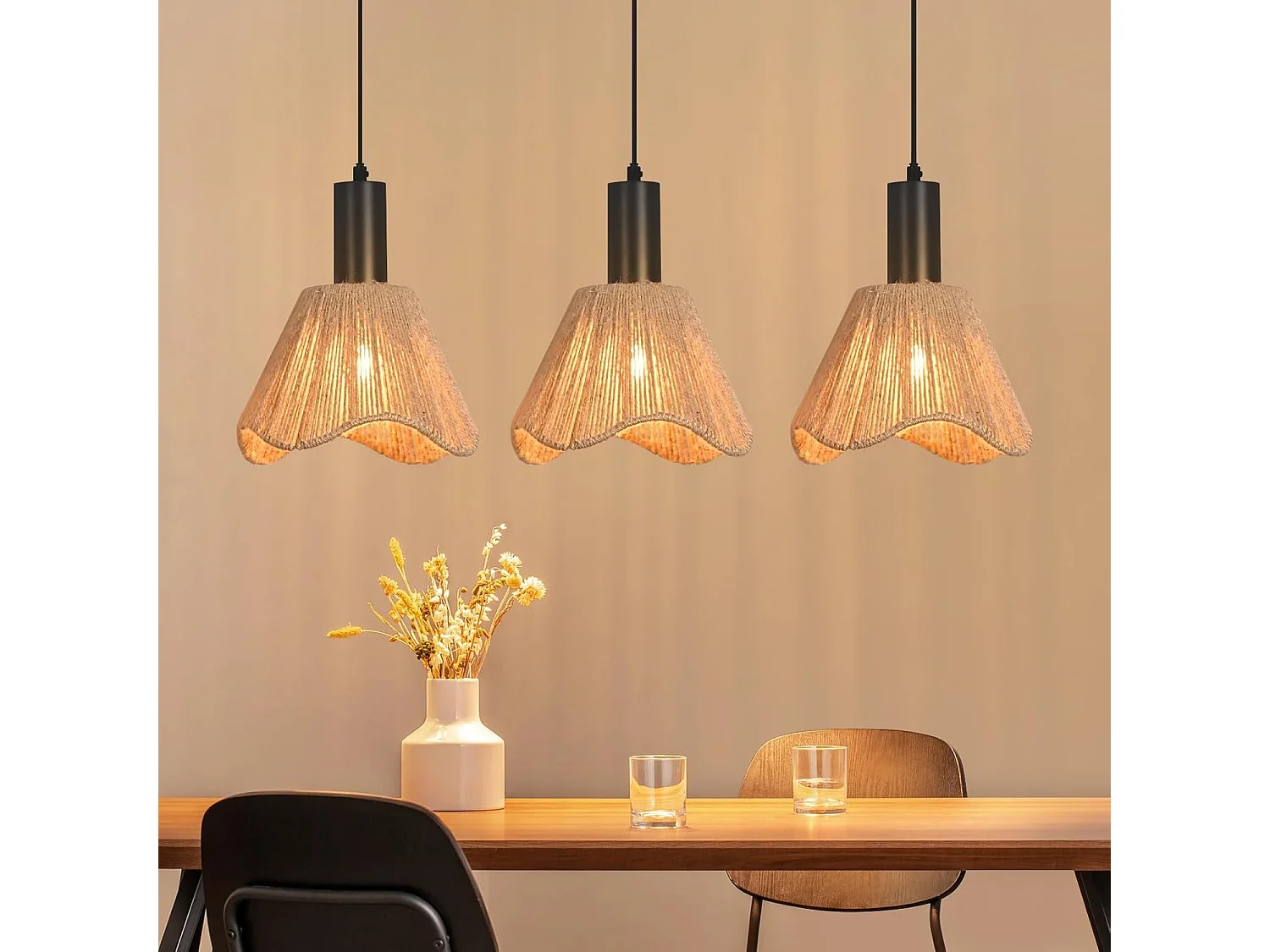 Nettlife Boho Rotan Hanglamp met 3 Lampen - Vintage Gevlochten Hennep Touw Kroonluchter E27 - Keuken/Eetkamer Verlichting (Lampen Niet Inbegrepen)