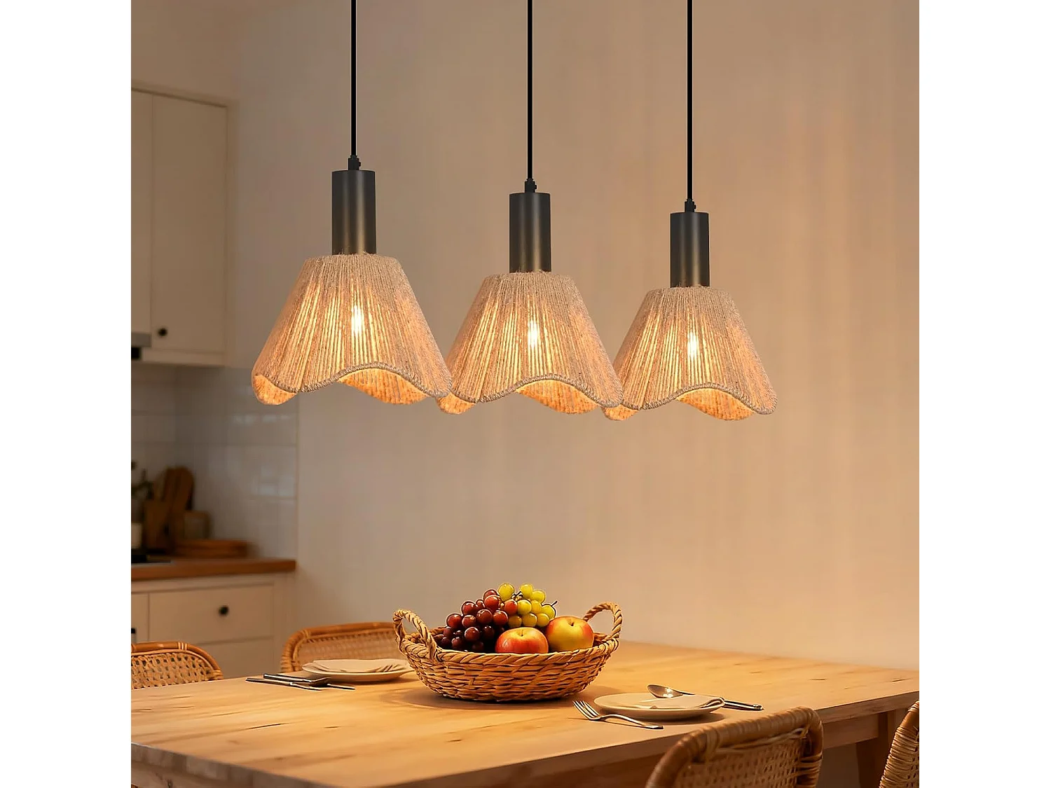 Nettlife Boho Rotan Hanglamp met 3 Lampen - Vintage Gevlochten Hennep Touw Kroonluchter E27 - Keuken/Eetkamer Verlichting (Lampen Niet Inbegrepen)