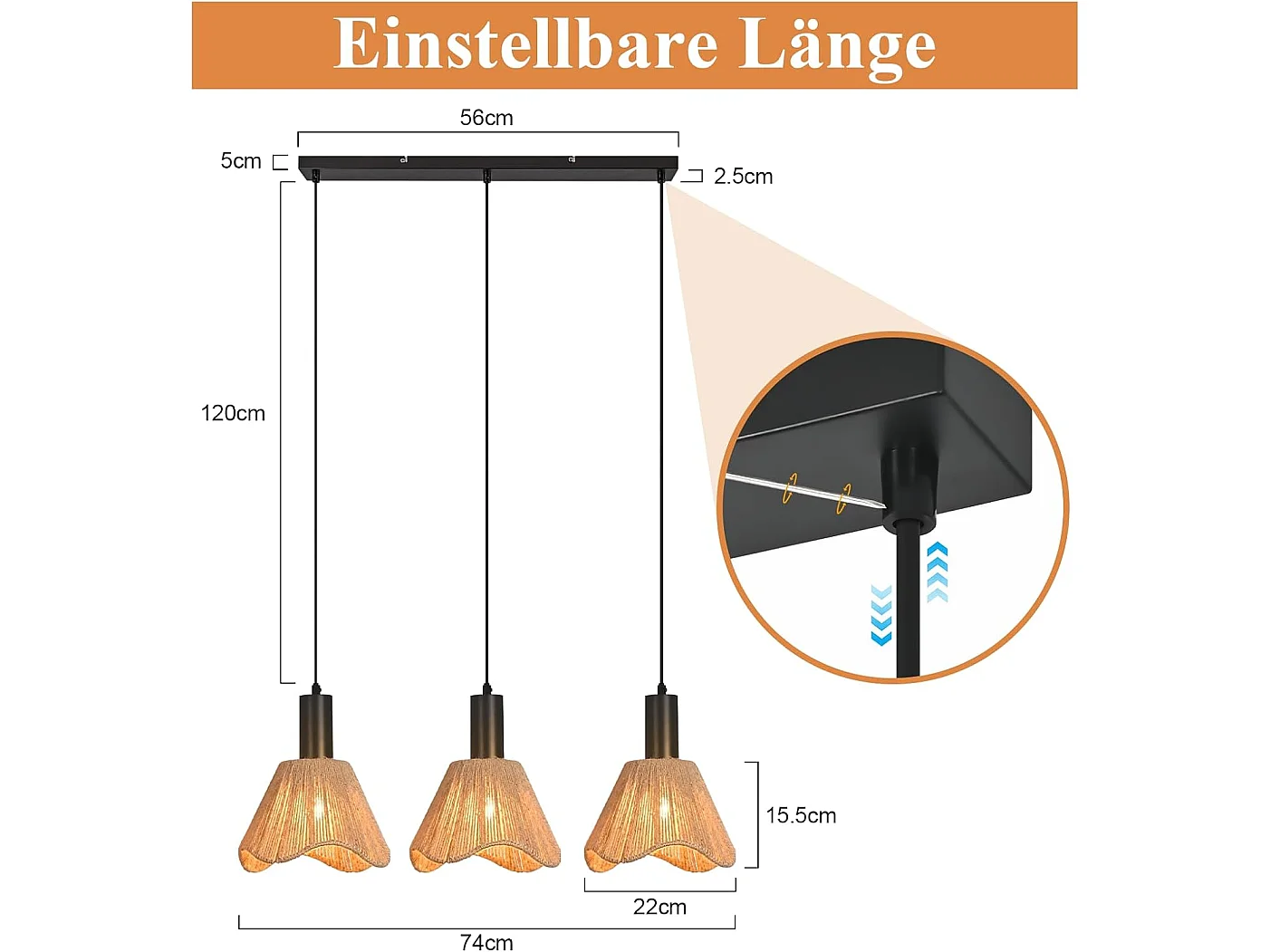 Nettlife Boho Rotan Hanglamp met 3 Lampen - Vintage Gevlochten Hennep Touw Kroonluchter E27 - Keuken/Eetkamer Verlichting (Lampen Niet Inbegrepen)