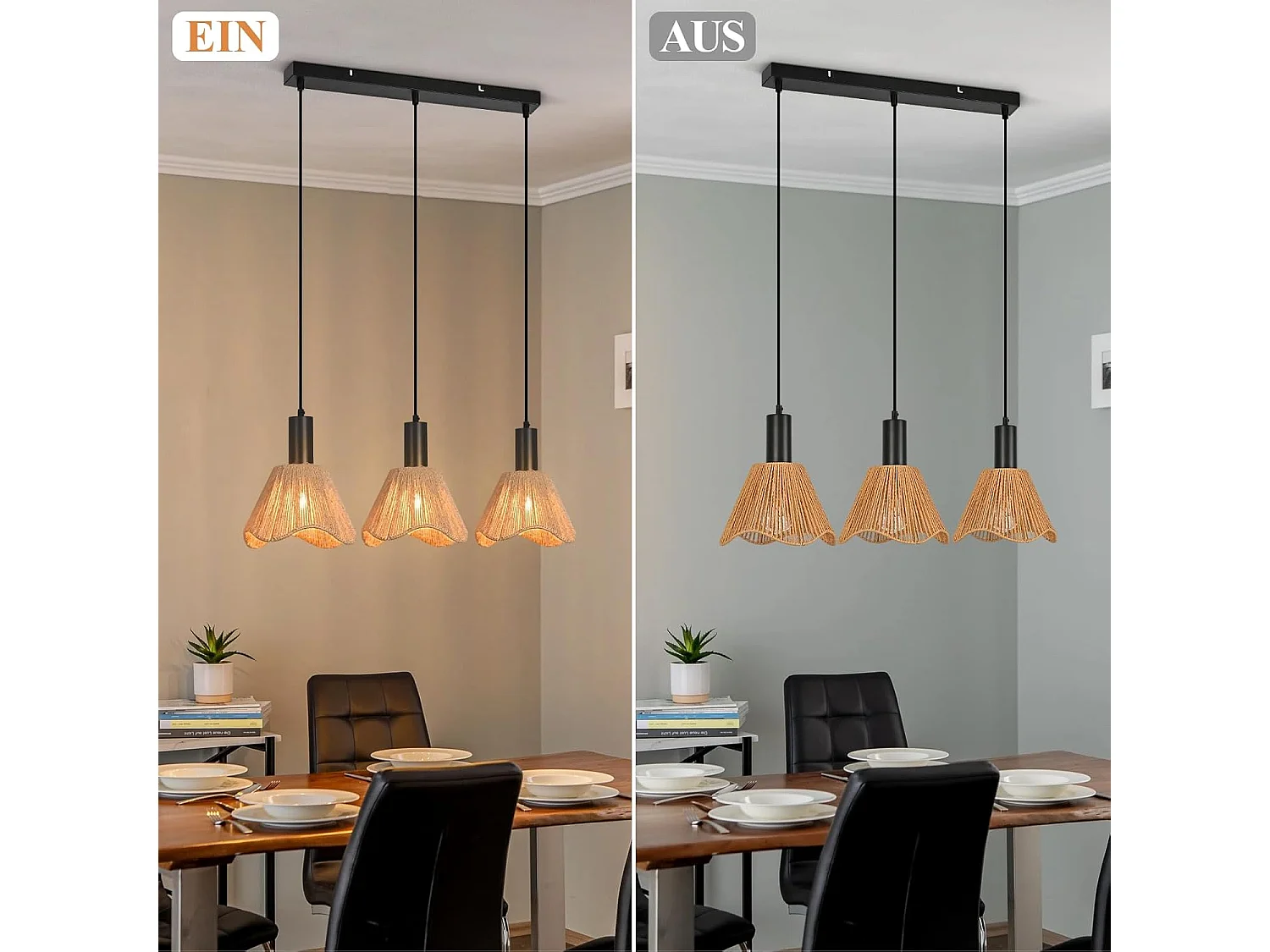 Nettlife Boho Rotan Hanglamp met 3 Lampen - Vintage Gevlochten Hennep Touw Kroonluchter E27 - Keuken/Eetkamer Verlichting (Lampen Niet Inbegrepen)