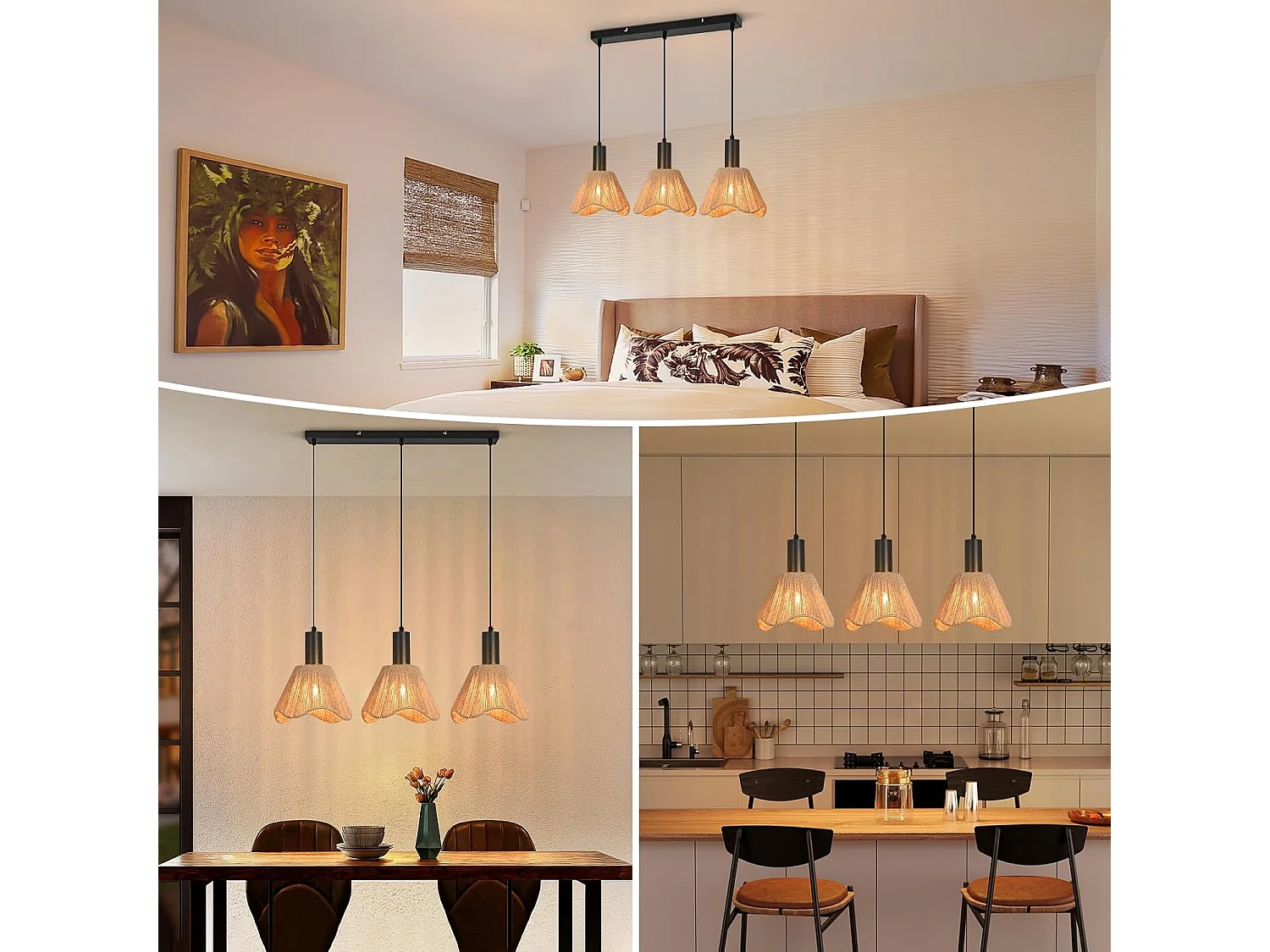 Nettlife Boho-Rattan-Pendelleuchte mit 3 Leuchten - Vintage-Kronleuchter aus geflochtenem Hanfseil E27 - Küchen-/Esszimmerbeleuchtung (Leuchtmittel nicht enthalten)