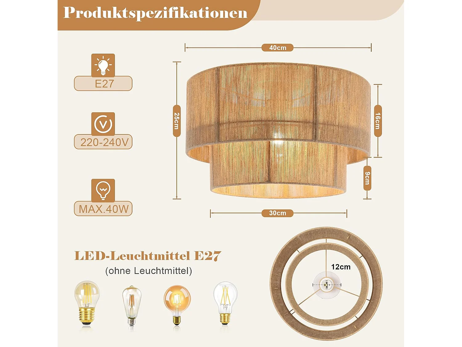 Nettlife Plafonnier Boho en Jute Naturelle Ø40 cm, Style Vintage Rustique, Douille E27, pour Salon, Chambre, Cuisine, Couloir – Sans Ampoule