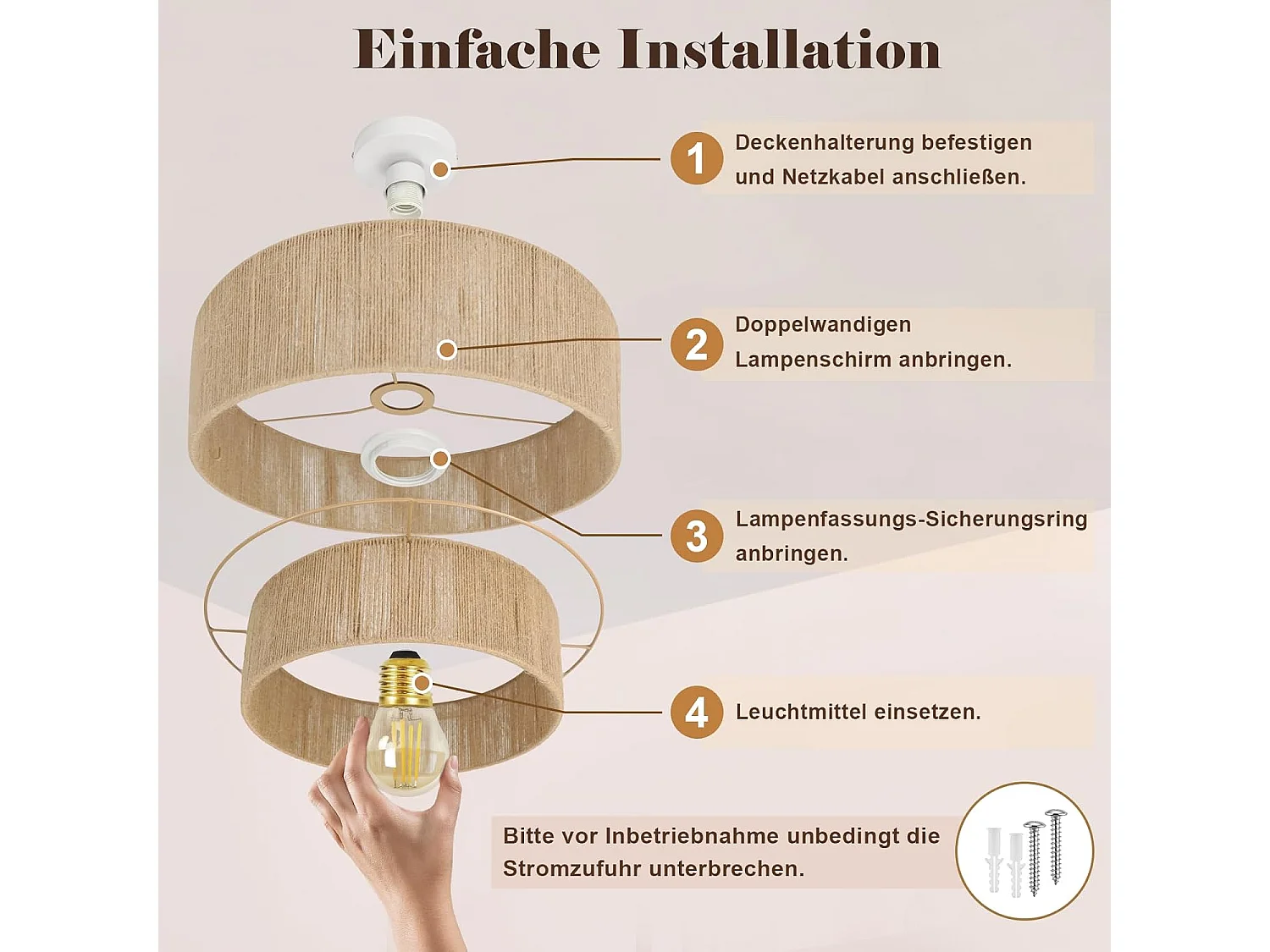 Nettlife Plafonnier Boho en Jute Naturelle Ø40 cm, Style Vintage Rustique, Douille E27, pour Salon, Chambre, Cuisine, Couloir – Sans Ampoule