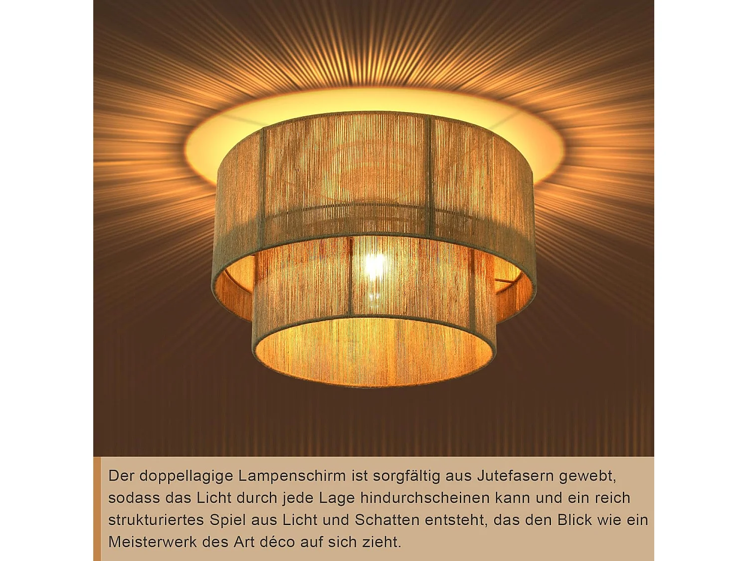 Nettlife Plafonnier Boho en Jute Naturelle Ø40 cm, Style Vintage Rustique, Douille E27, pour Salon, Chambre, Cuisine, Couloir – Sans Ampoule