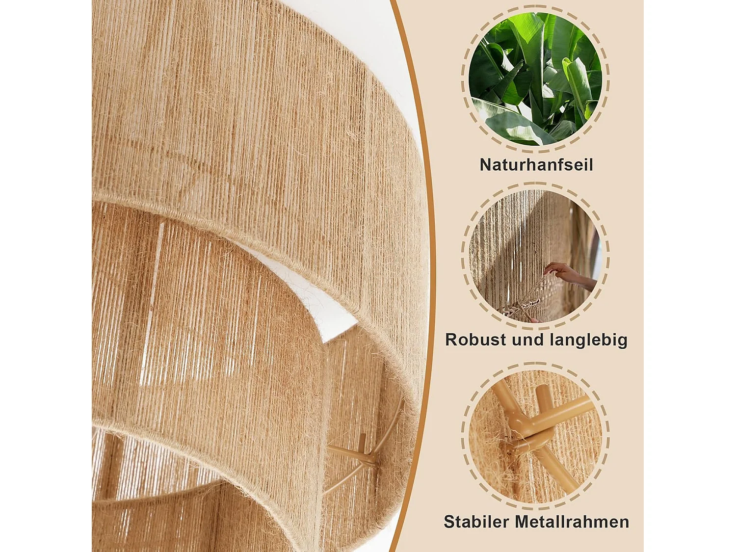 Nettlife Plafonnier Boho en Jute Naturelle Ø40 cm, Style Vintage Rustique, Douille E27, pour Salon, Chambre, Cuisine, Couloir – Sans Ampoule