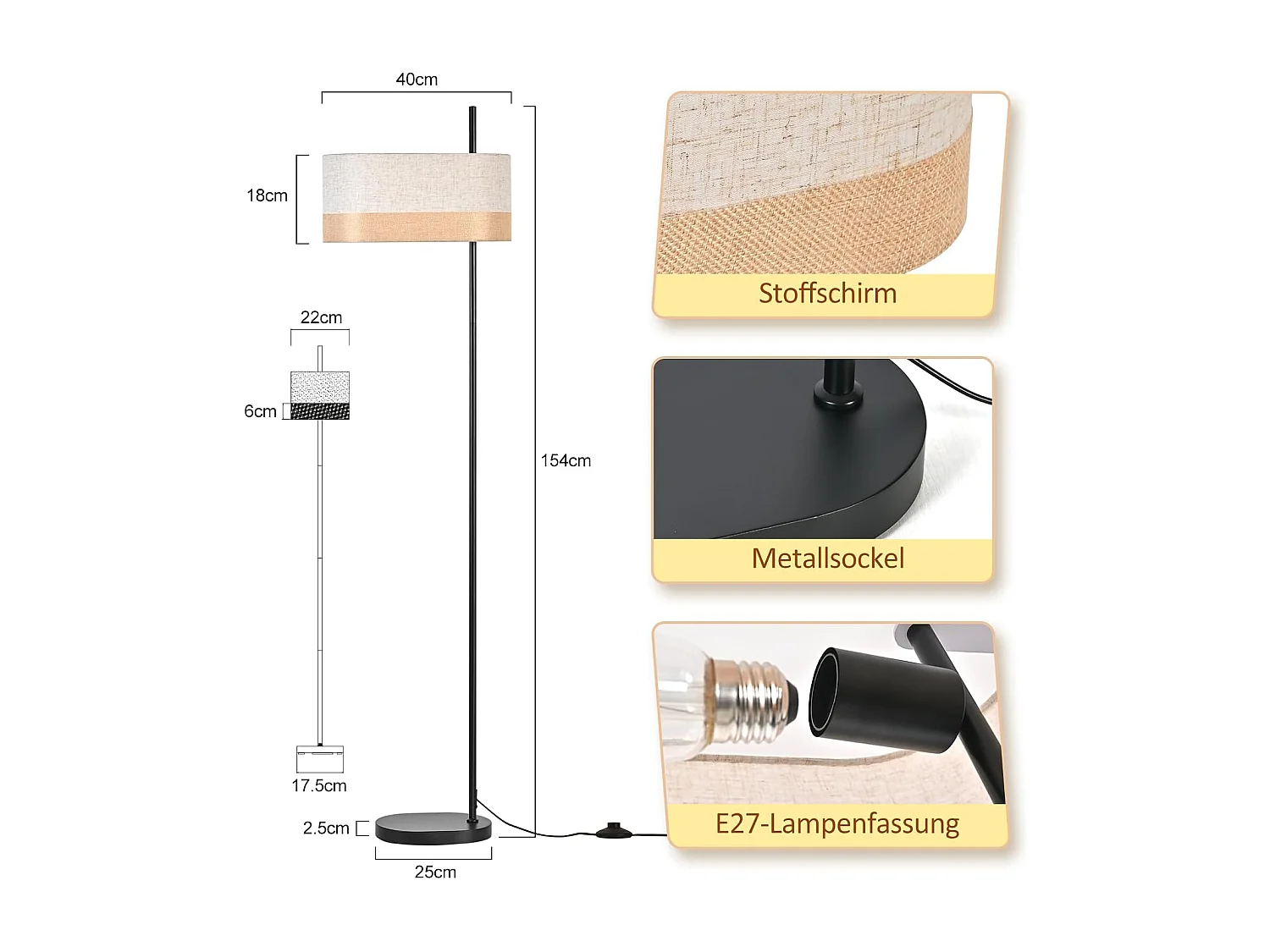 Lampa podłogowa Nettlife Vintage do salonu – biała, materiałowa lampa podłogowa z włącznikiem nożnym E27, rustykalny (żarówka nie jest dołączona)