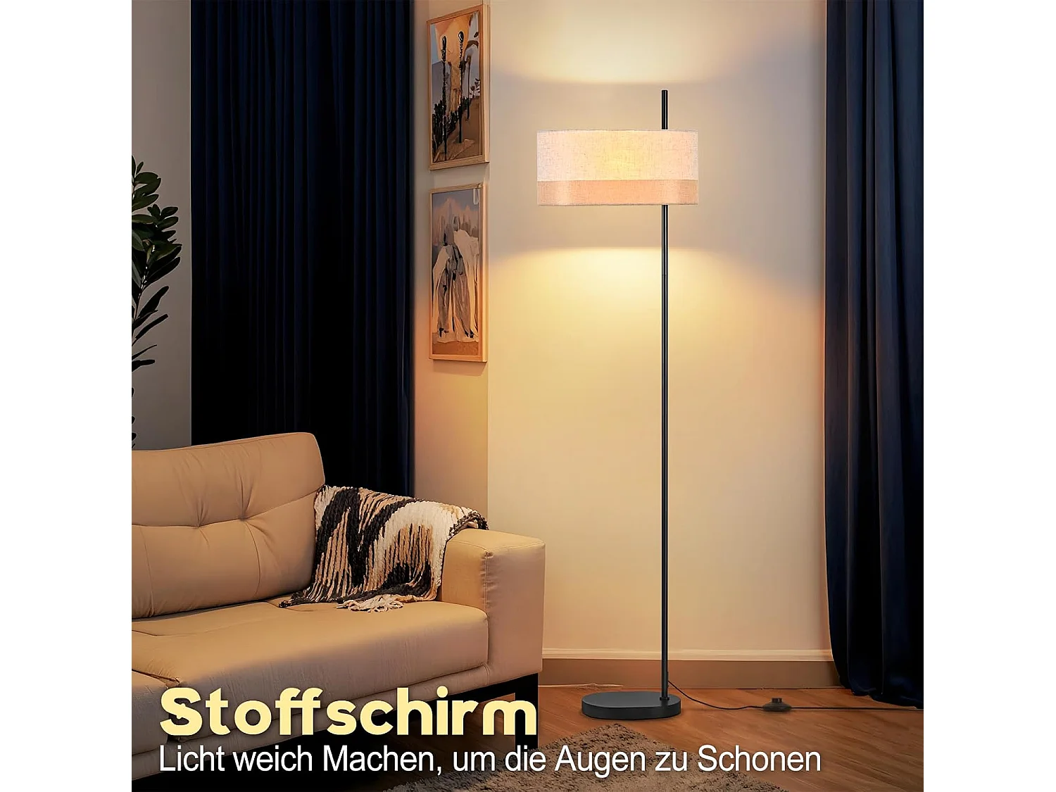 Lampa podłogowa Nettlife Vintage do salonu – biała, materiałowa lampa podłogowa z włącznikiem nożnym E27, rustykalny (żarówka nie jest dołączona)