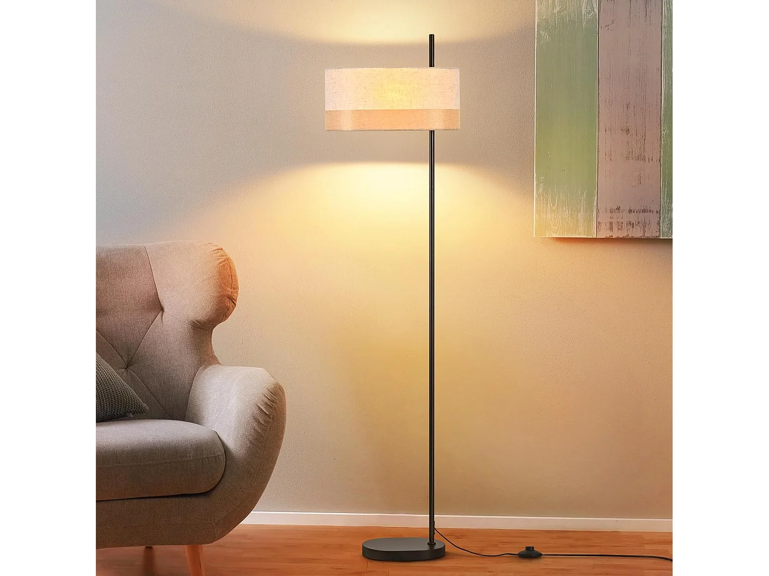 Nettlife Lampadaire Vintage Salon - Lampe sur Pied Tissu Blanc E27 Interrupteur à Pied, Rustique Rétro pour Chambre (Sans Ampoule)