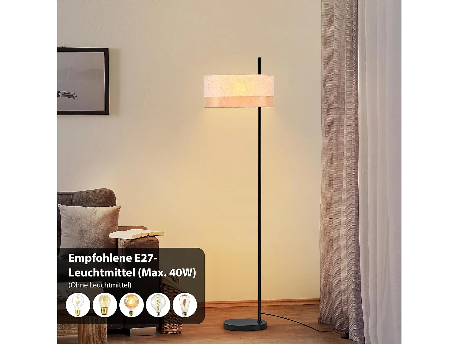 Nettlife Lampadaire Vintage Salon - Lampe sur Pied Tissu Blanc E27 Interrupteur à Pied, Rustique Rétro pour Chambre (Sans Ampoule)