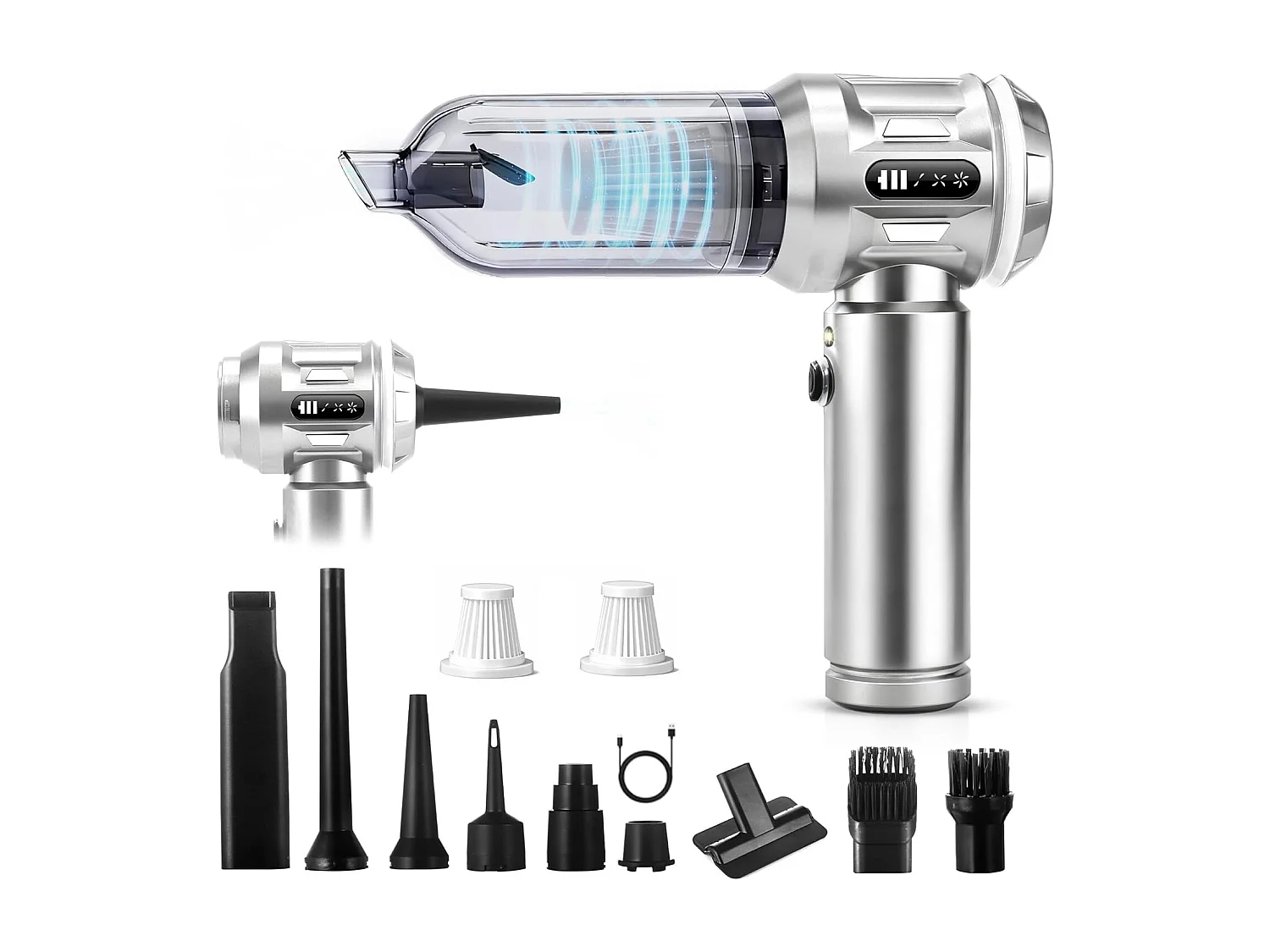 Nettlife Aspirateur à Main Sans Fil 17000Pa - Mini Aspirateur Voiture Puissant 4 en 1 - Moteur Brushless 3 Vitesses - Maison & Animaux, Argent